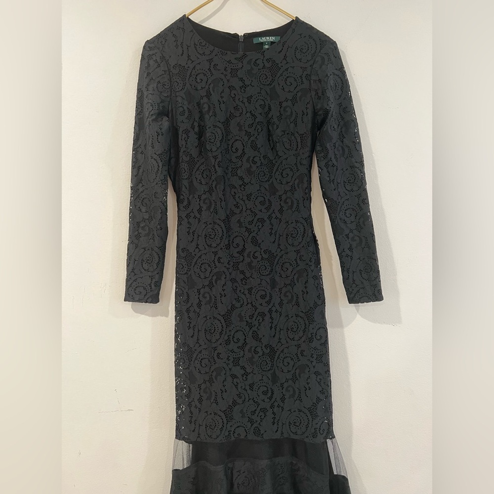 Ralph Lauren Womens Fluted Lace Gown Dress Long Sleeve Striped Hem Evening 2 - Picture 5 of 15